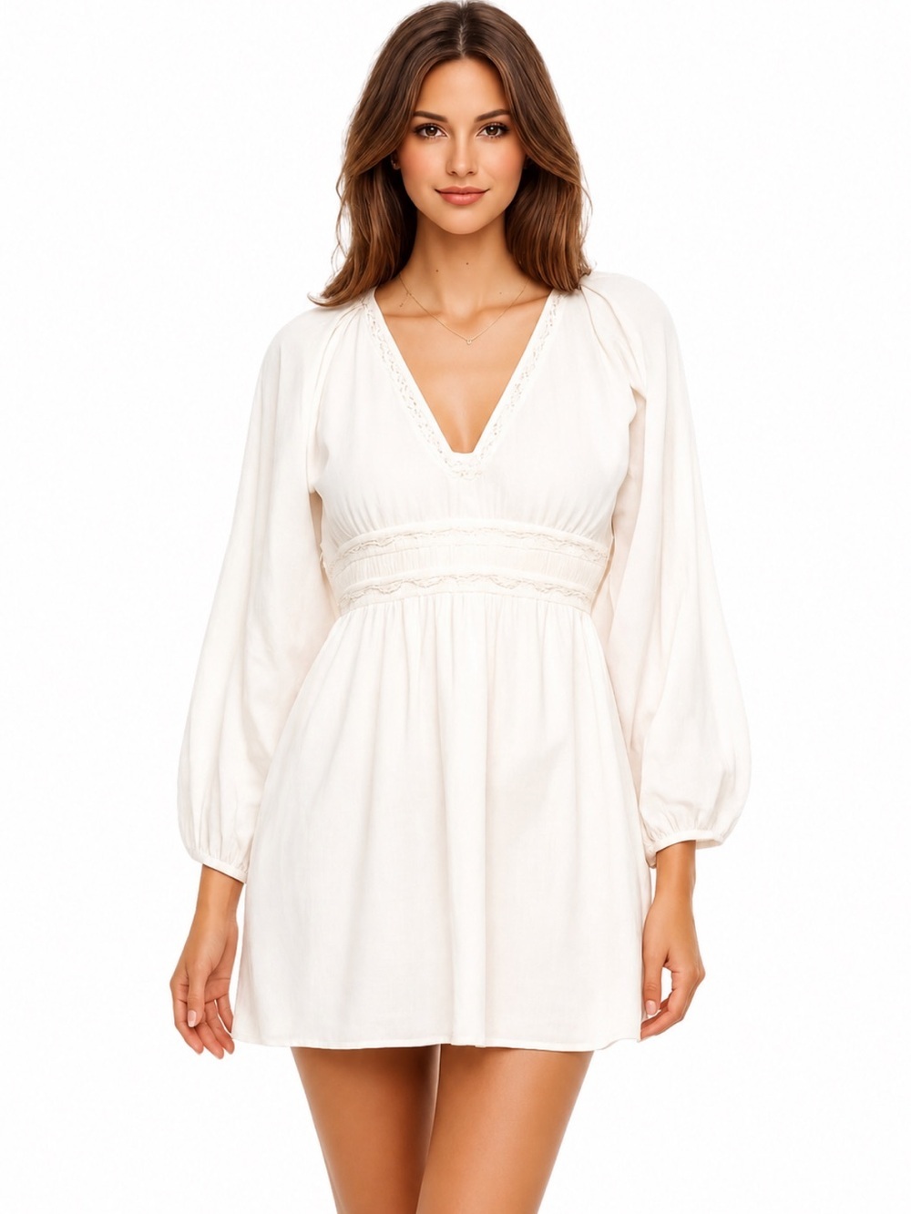 Anna Cate Lizzie Mini Dress Cream Cotton Empire Waist Puff Sleeve Medium EUC!